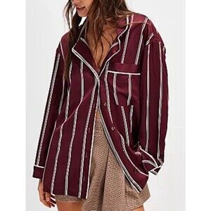 We The Free People Rorie Stripe Shirt Women S Burgundy Satin Oversized